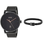 BOSS Watches and Jewelry Analog Quartz Watch and Black Leather Bracelet for Men