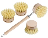 cococity Dishwashing Brushes Made of Wood, Pot Brush with Wooden Handle Cleaning Brush Set Dish Brush with 3 Replacement Heads for Kitchen Bathroom