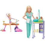 Barbie Gymnastics Doll & Accessories, Playset with Blonde Fashion Doll, C-Clip for Flipping Action & You Can Be Anything Doll, Baby Doctor Playset with Blonde Doll, 2 Baby Dolls