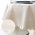 WELTRXE Round PU Tablecloth Wipe Clean Waterproof Oil-proof Dining Table Cloth Heavy Duty Durable Vinyl Table Cover for Home Hotel Party Cafe Outdoor Use, Diameter 150cm, White Rose