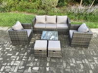 Wicker Rattan Garden Furniture Sofa Set with Armchair Square Coffee Table 2 Small Footstools Dark Grey Mixed