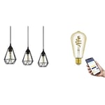 Eglo Vintage Pendant Light Tarbes, Retro and Industrial Hanging lamp with 3 E27 Connect.z Smart Home LED Light Bulbs, dimmable Lighting Made of Black Steel, Warm White – Cool White