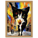 Black Street Cat Walking Bright Neighbourhood Night Artwork Framed Wall Art Print A4