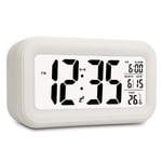 RAVSOOL Digital Alarm Clock, Electronic Large Digit Display Snooze Night Light Battery Operated Long Battery Life Clock with Date Calendar Temperature for Kids/Bedroom/Heavy Sleepers/Travel (White)