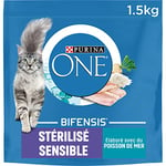 PURINA ONE Bifensis Chat Stérilisé Sensible | Croquettes Au Poisson de Mer pour Chats Adultes | Sac de 1,5kg | Lot de 6