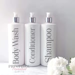 3 White Bathroom Bottles Shampoo Conditioner Body wash 500ml pump inspired by Mrs Hinch Bathroom Tidy Grey Font Karatone