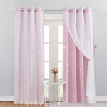 NICETOWN Pink Curtains with Net - Nursery Eyelet Door Curtains 84 Drop Mix Net Curtain with Solid Fabric & Twinkle Star Pattern for Bedroom, 2 Pieces, 52 in x 84 in, Baby Pink