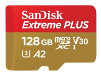 SanDisk Extreme PLUS - Flash-minneskort (microSDXC till SD-adapter inkluderad) - 128 GB - A2 / Video Class V30 / UHS-I U3 / Class10 - mikroSDXC UHS-I