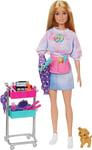 Barbie - Poupée styliste Malibu et 14 Accessoires, thème Coiffure et Maquillage avec Chiot et Chariot de stylisme, HNK95