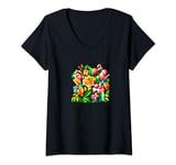 Womens Summer Flowers Blooming Bouquet Floral Cubism Art V-Neck T-Shirt