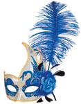 BLÅ Venetiansk Colombina-Mask - Delvis Transparent med Röd/Guldfärgad Dekor och Utsmyckning