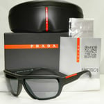 Prada Black Grey Mirror Mens Sunglasses SPS 09V TFZ-09F Red Stripe Rossa Matte