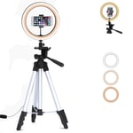 XHH Ring Light, 10 Inch Selfie Ring Lamp with 50 Inch Adjustable Tripod Stand and Phone Holder Controller USB Interface 3 Modes 10-level Brightness for Makeup Live Stream LED Camera Fill Light