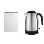 Russell Hobbs RH55UCLF4 Under Counter Freestanding Larder Fridge, 55cm Wide, White & Brushed Stainless Steel & Black Electric 1.7L Cordless Kettle with black handle