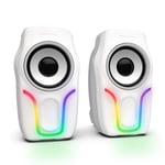 Computer Speakers, 2.0 USB Powered PC Speakers Stereo Volume Control, 6 RGB LED Backlit Effect, Wired Mini Portable Gaming Speakers with 3.5mm for Desktop Computer/PC/Laptops (White)