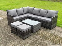 High Back Rattan Corner Sofa Set Outdoor Furniture Rectangular Coffee Table 2 Small Footstools 8 Seater