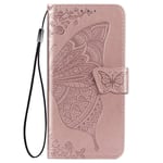 LEYAN Case for Xiaomi Redmi 9AT, TPU/PU Flip Leather Butterfly Embossed Wallet Cover, Magnetic Closure Phone Shell with Cash & Card Slots, Rose Gold