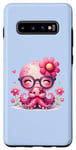 Galaxy S10+ Blue Background, Cute Blue Octopus Daisy Flower Sunglasses Case