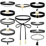 12 st svarta chokerhalsband för kvinnor, gotisk krage, spets, sammet, hänge, halsbandssats