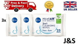 3 x Nivea MicellAIR Biodegradable 3 In 1 Micellar Cleansing Wipes Pack of 25