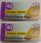 2xTidyz Double Zipper Plastic Zip Seal Food & Freezer Large Storage Bags Ultimate Strength Resealable 17 X 21 cm 40 Bags