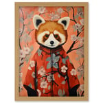 Red Panda in Kimono Cherry Blossom Trees Japan Artwork Framed Wall Art Print A4