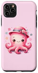 Coque pour iPhone 11 Pro Max Fond rose avec pieuvre mignonne avec chapeau et fleurs