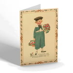 VALENTINES DAY CARD - Vintage Design - Boy Carrying Red Roses. Kind Thoughts