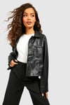 Womens Faux Leather Cropped Trucker Jacket - Black - 14, Black