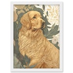 Golden Retriever Dog in Nature Soft Pastel Colour Illustration Artwork Framed Wall Art Print A4