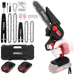 Shall Tool - shall Mini tronçonneuse / tronçonneuse électrique portable, 21 Volt, 2000 mAh, 2 batteries, 4 chaînes, rouge,Tronçonneuse à batterie