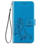 UILY Case Compatibel for Xiaomi Redmi 9AT, Stylish PU Leather Flip Wallet Cover, Shell with Four Leaf Clover Pattern Bracket Function Anti Fall. Blue