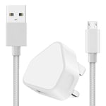 3 Pin UK USB Mains Wall Charger & [1Pack 3M] MicroUSB Cable Extra Long Durable Braided Charging Micro USB Data Sync Cord compatible with Oppo A57 - SILVER