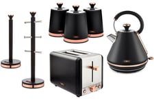 Tower Cavaletto Black Kettle 2 Slice Toaster Canisters Mug Tree & Towel Pole Set