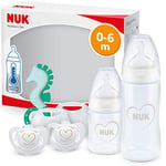 NUK First Choice+ set de biberons nouveau-né | 0-6 mois | 2 biberons, 2 tétines et un anneau de dentition | anti-colique | Sans BPA | blanc (cœur) | 5 unités