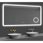 Acezanble Miroir Salle de Bain LED avec Bluetooth, Mural Miroir avec Horloge + 3 Couleurs + Dimmable + Anti-buée + Grossissant 3x -160 x 80cm