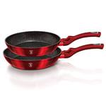 2 Pcs Frying Pan Aluminum Non Stick Marble Coating Metallic Home Kitchen Set Suitable for Induction Various Colures (Red)