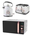 Tower Rose Gold White Marble Kitchen Appliance Retro Stylish Set - Digital 20L Microwave, Rose Gold White Marble 1.7L Bottega Kettle & Bottega 4 Slice Toaster