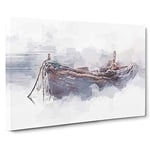 Big Box Art Stranded Boat in The Mist in Abstract Canvas Wall Art Framed Picture Print, 30 x 20 Inch (76 x 50 cm), White, Grey, Lavender, Brown