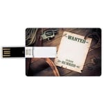 4G USB Flash Drives Credit Card Shape Western Memory Stick Bank Card Style Empty Blank Wanted Sign Paper with Old West Sheriff Items on Wooden Planks Print Decorative,Brown Cream Waterproof Pen Thumb
