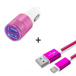 Pack Chargeur Voiture Pour Xiaomi Redmi Go Smartphone Micro-Usb (Cable Metal Nylon + Double Adaptateur Allume Cigare) - Rose