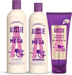 Aussie Mega Shampoo and Conditioner Set with Deep Treatment Hair Mask for Dry Da