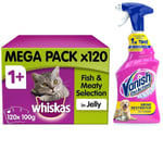 Whiskas Adult Cat Food 120 Pouches & Vanish Pet Expert Carpet Care Spray 500ml