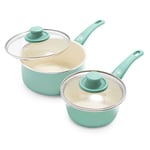 GreenLife Soft Grip Healthy Ceramic Non-Stick 15cm and 18 cm Saucepan Pot Set with Lids, PFAS Free, Turquoise