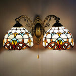 17 Inch Double Head Wall Light, Tiffany Style Wall Lamp Baroque Stained Glass Lampshade, Corridor Aisle Bedroom Sconces, Pull Line Switch, E27, 111-240V, Max 60W