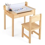 DREAMADE Table d'art et Chaise Enfant 3+Ans avec Dessus Rabattable,Bureau et Chaise Enfants en Bois 60x40x58CM avec Rouleau de Papier&Marqueurs,Bureau Garçons Filles Charge 30+50KG (Bois)