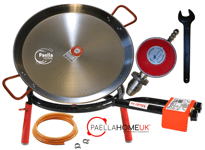 46cm Polished Paella Pan + 35cm 2 Ring Gas Burner + Propane Regulator + Legs Set