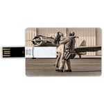 32G USB Flash Drives Credit Card Shape Vintage Airplane Decor Memory Stick Bank Card Style Brunette Young Woman Hugging a Pilot Historic Aircraft Homecoming Image Decorative,Sepia Waterproof Pen Thumb