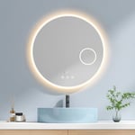 Miroir lumineux de salle de bain Rond Cadre Acrylique avec Loupe 3x, Interrupteur tactile, Anti-buée, Bluetooth, Horloge, Température, Dimmable,