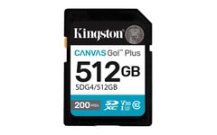 Kingston Technology Canvas Go! Plus, 512 Gb, Sdxc, Klass 10, Uhs-I, 200 Mb/S, 160 Mb/S